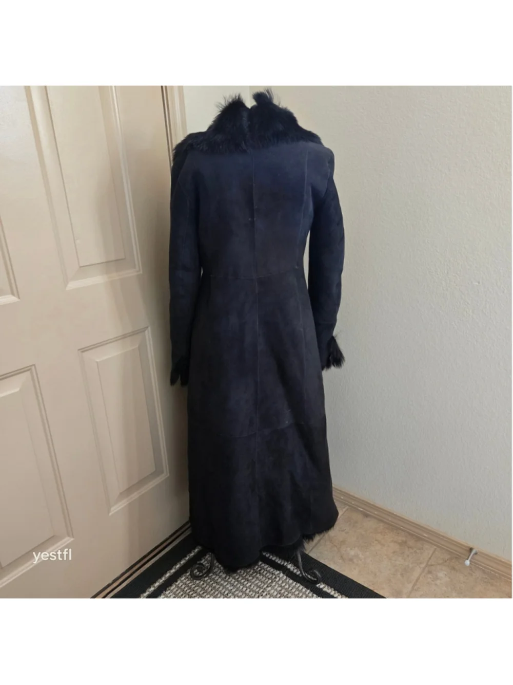 Cole Haan Black Genuine Shearling Long Coat Fur Trim Sz XS Penny Lane Luxury - Picture 12 of 16